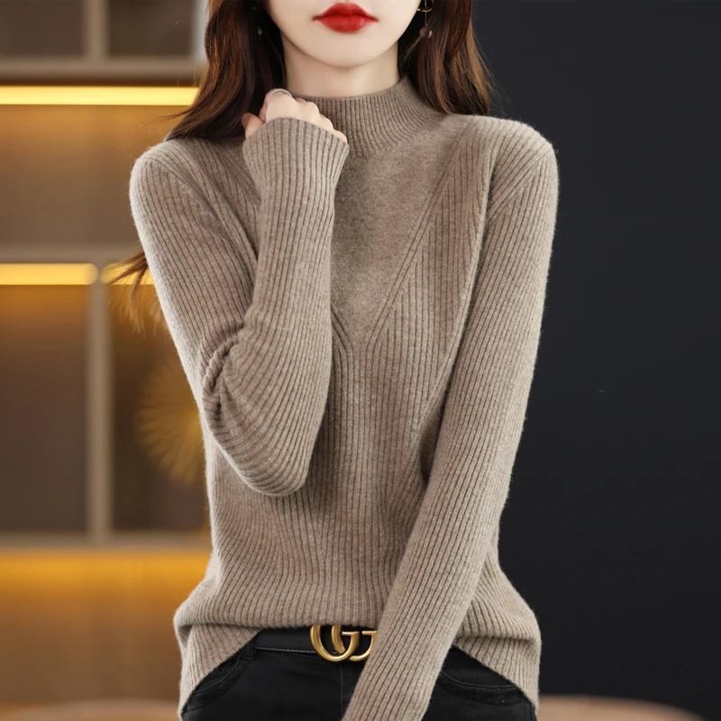 

100% pure wool high neck pullover, autumn and winter cashmere sweater, women's casual knitted top, women's Korean fashion