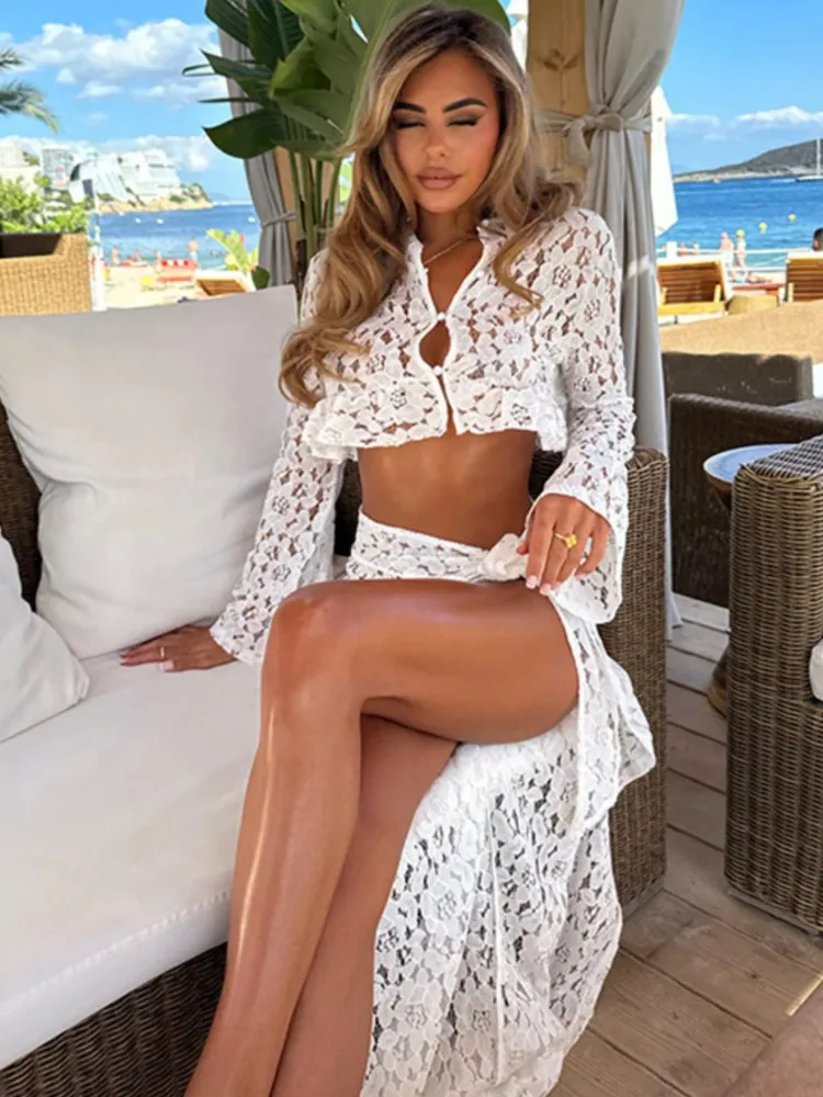 Roupa de banho saia cover-up 2 peça conjunto feminino colheita topos e saia longa maiô moda sólida oco sexy praia cobrir outfits