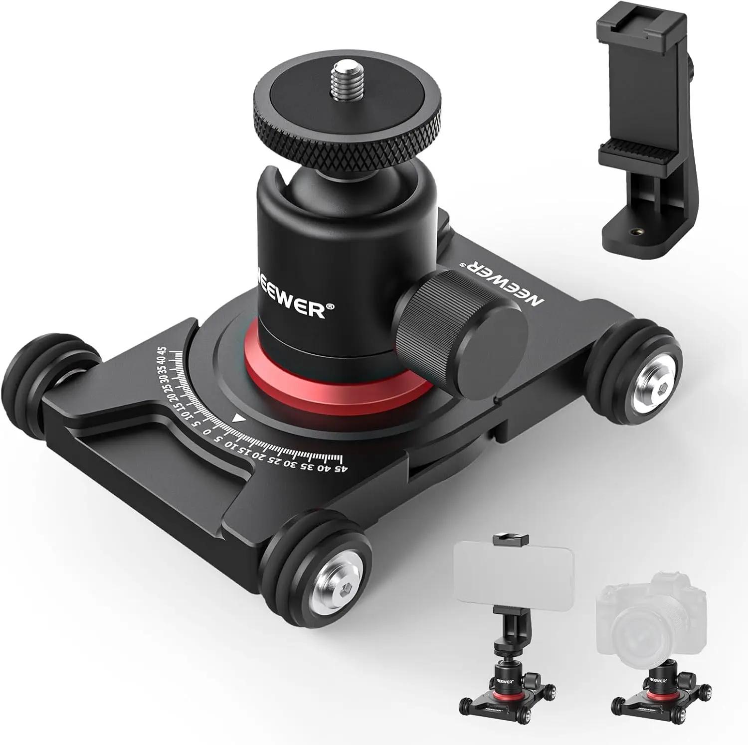 NEEWER Kamera-Schiebewagen mit Kugelkopf und Klemme, 4 Tischrollen mit 360°-Drehung °   Panorama, kompatibel mit Mini-Spiegelloskameras, GoPro und Android, SD001