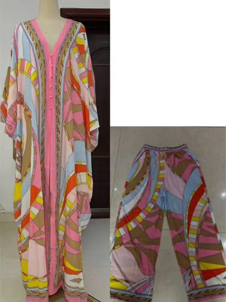 Retro V-neck bat sleeve plus size long coat blouse printed women's elastic waist straight pants spring and summer holiday suit