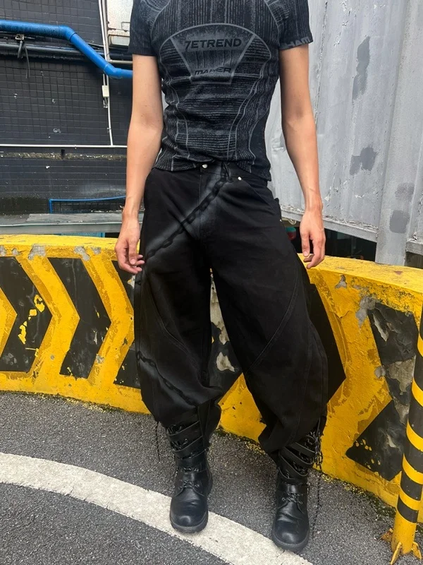 

Retro American Waed Gothic Sle Men's Jeans Autumn Trend Loose Straight Leg Floor-Length Pants Casual Print mid Waist