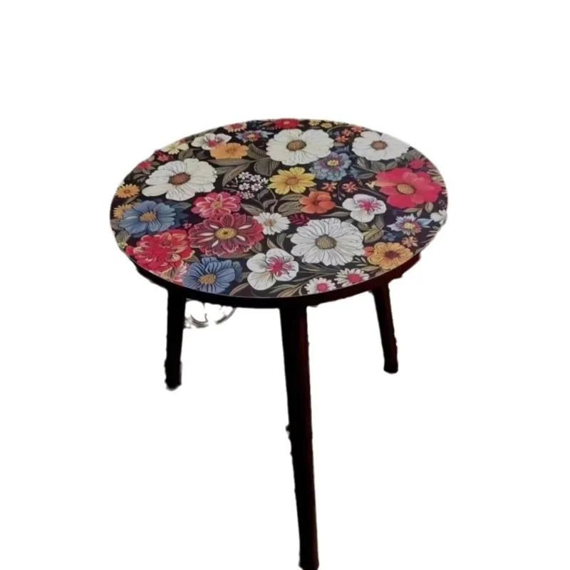Colorful Boho Side Table Printed Coffee Table Round Accent Side Table End Table  Living Room Couch Bedroom Wood Bed Side Table