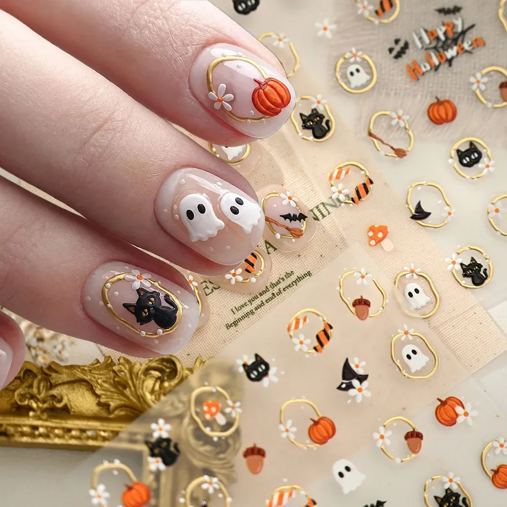 2026 5D Embossed Halloween Nail Stickers Self‑Adhesive Nail Decals with Ghost Pumpkin Cat Mushroom Gold‑Trim Manicure Slider