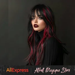 Black Highlight Red Synthetic Wig Long Wavy Black Mixed Red Wig with Bangs for Punk Girl Halloween Costume Cosplay Colorful Wig