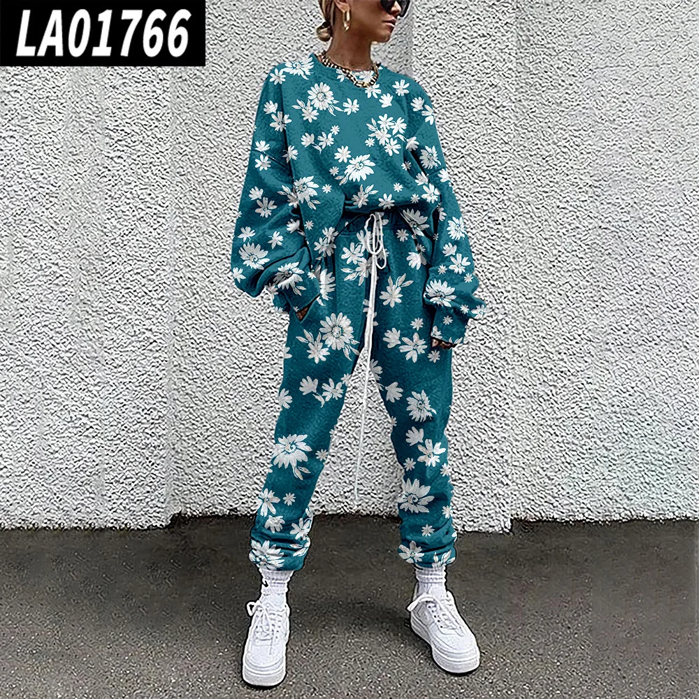 Fashion Woman Pullover And Pants Casual Jogger Suit Green Floral Print Tracksuit Long Sleeve Sweatshirt