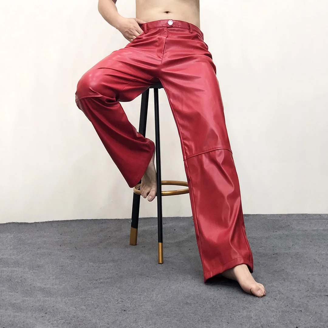 Men's Straight Tube Loose Casual Leather Pants Solid Color Fashion Black White Red Trousers Oversize Nightclub Stage Costume