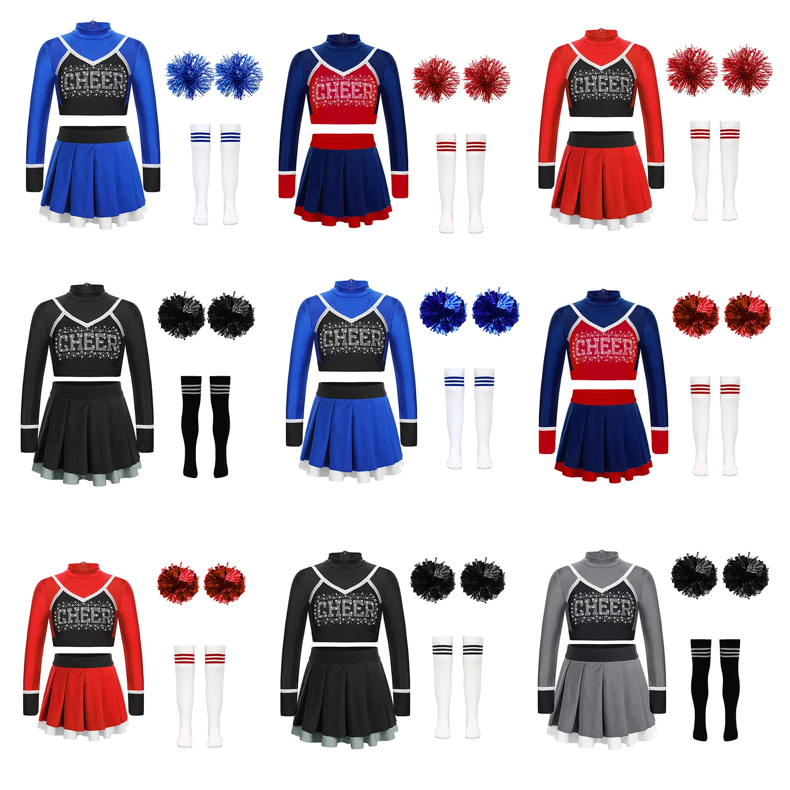 Girls Cheerleading Dance Outfit Glittery Rhinestone Letter Pattern Patchwork Long Sleeve Crop Top Pleated Skirt Suit