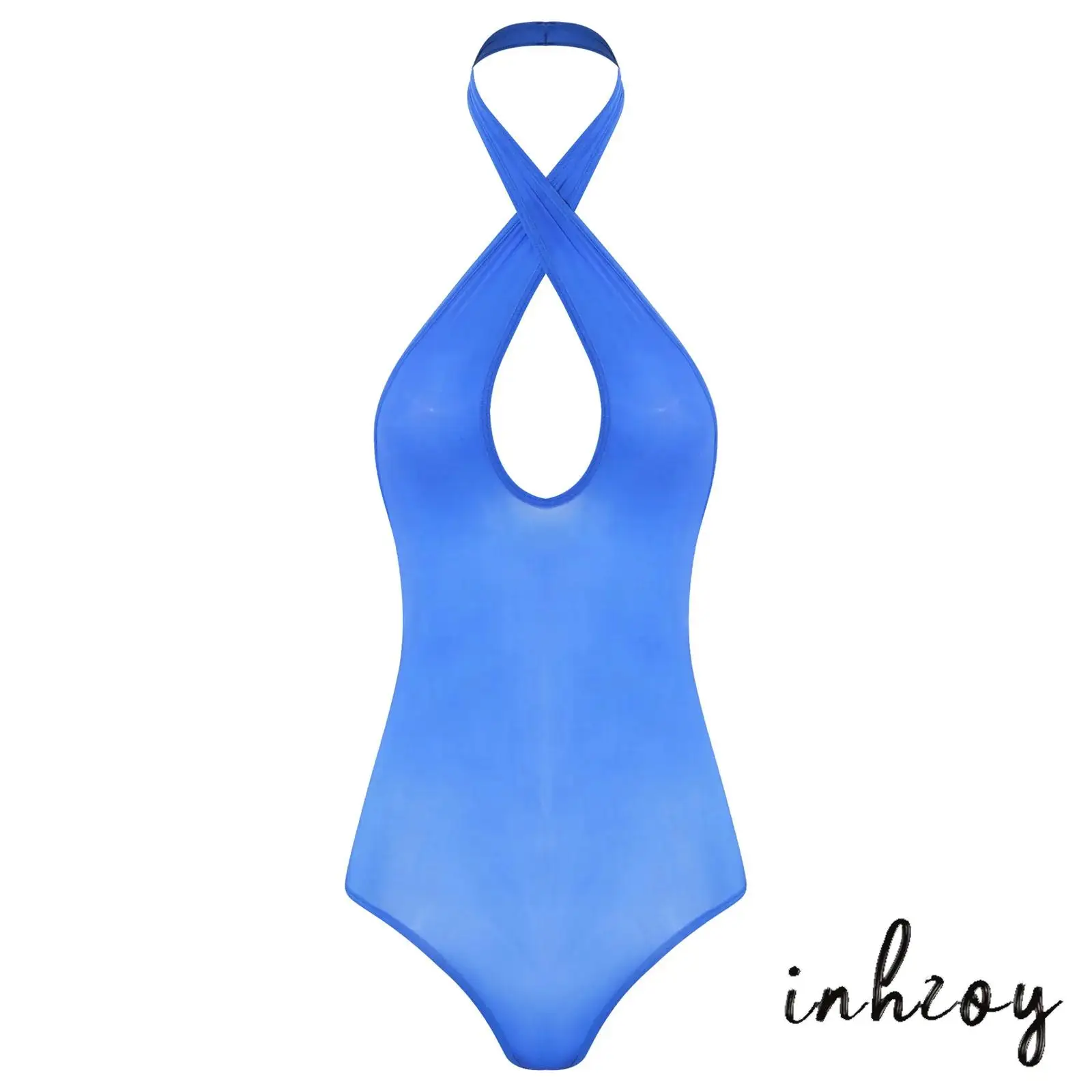 

Summer Womens Oil Glossy Transparent Bodysuit Crossing Halter Sleeveless Backless Leotard One-piece Jumpsuit Lingerie Nightwear