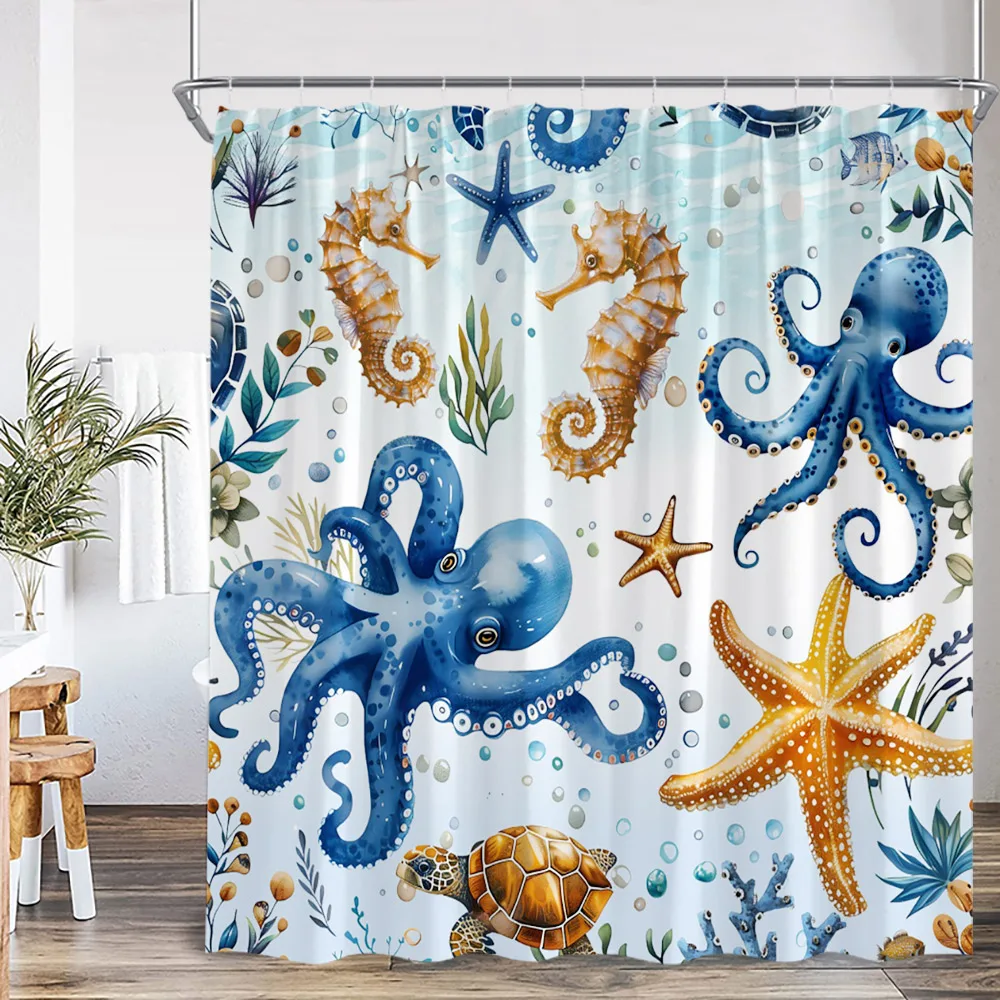 Nautical Marine Life Shower Curtain Anchor Sea Turtle Seastar Octopus Seashell Coral Ocean Summer Bathroom Curtain Decoration