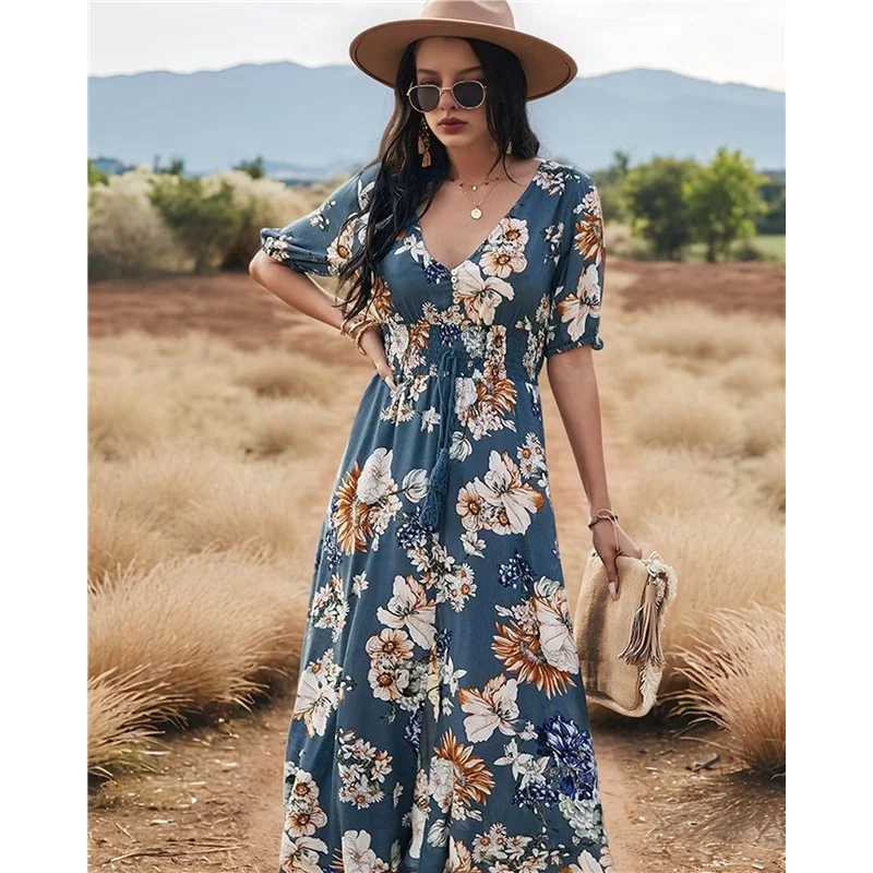 【SEE】レディース夏ルーズボヘミアン流れるラップVネック半袖花柄スリットビーチウェディングゲストロングマキシドレス