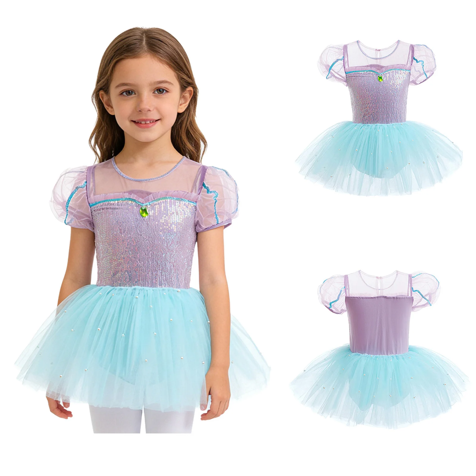 

Cute Girls Ballet Tutu Dress with Built-in Briefs Short Puff Sleeve Tulle Dance Performance Costume Competition Recital Party