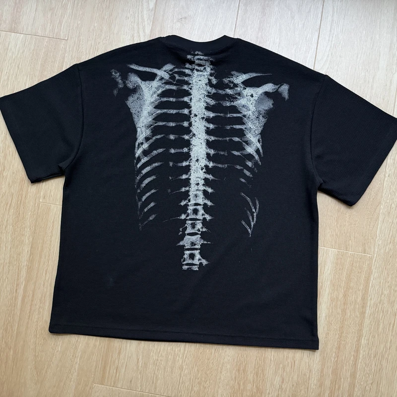 Waffle Fabric Skeleton Skulls Print Black Apricot T Shirt Men Women Loose Casual High Quality Quick Dry Short Sleeve Tops Tee