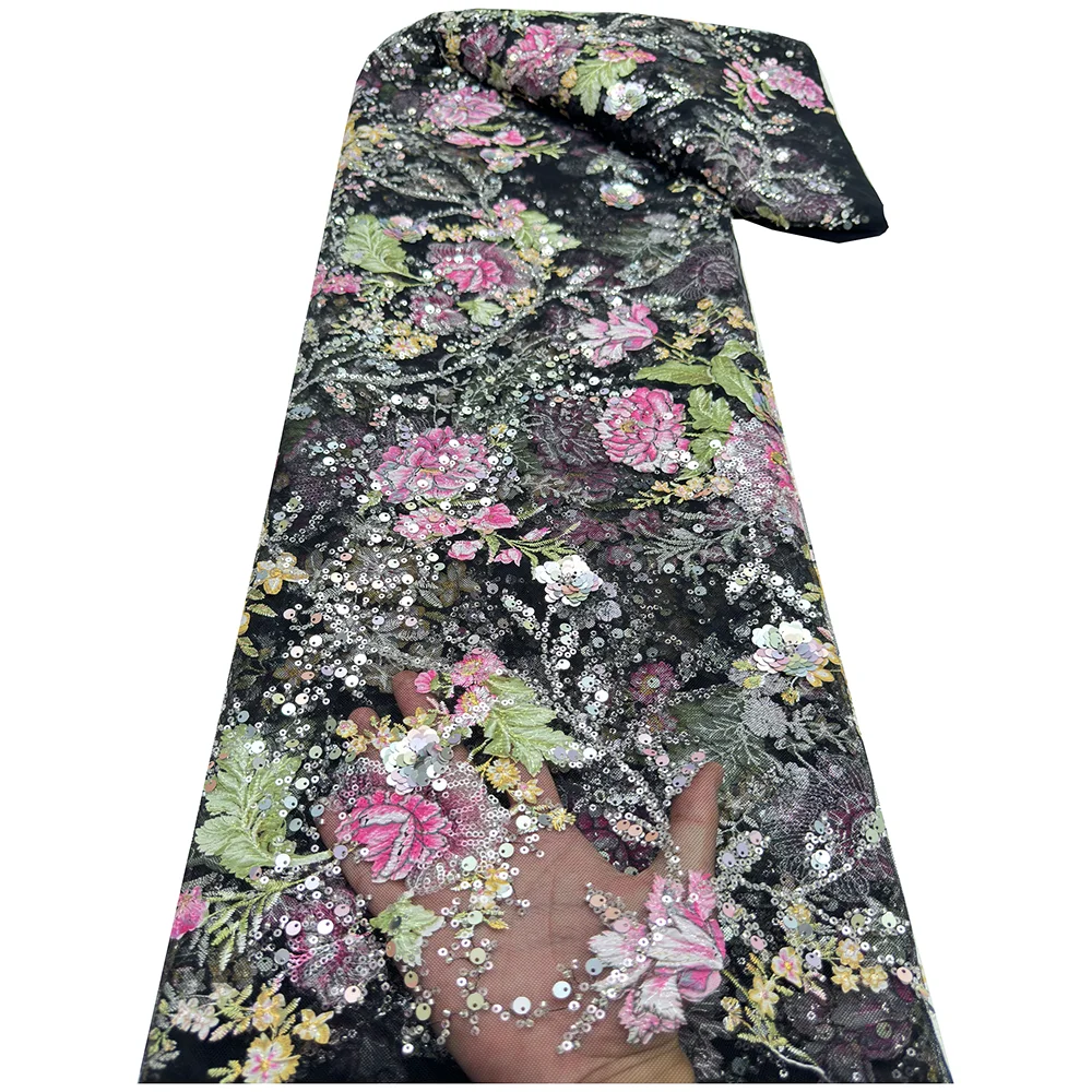 

African Sequins Lace Fabric 2025 High Quality Lace Nigerian French Tulle Beaded Lace Fabrics For Sewing Wedding Party Dresses
