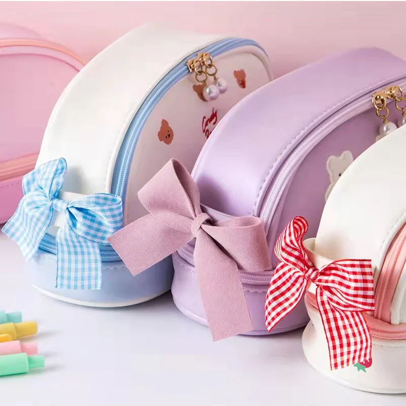 Kawaii Pencil Case Large Capacity Double-deck PU Waterproof Pencil Boxes School Stationery Supplies Cute Cosmetic Bag