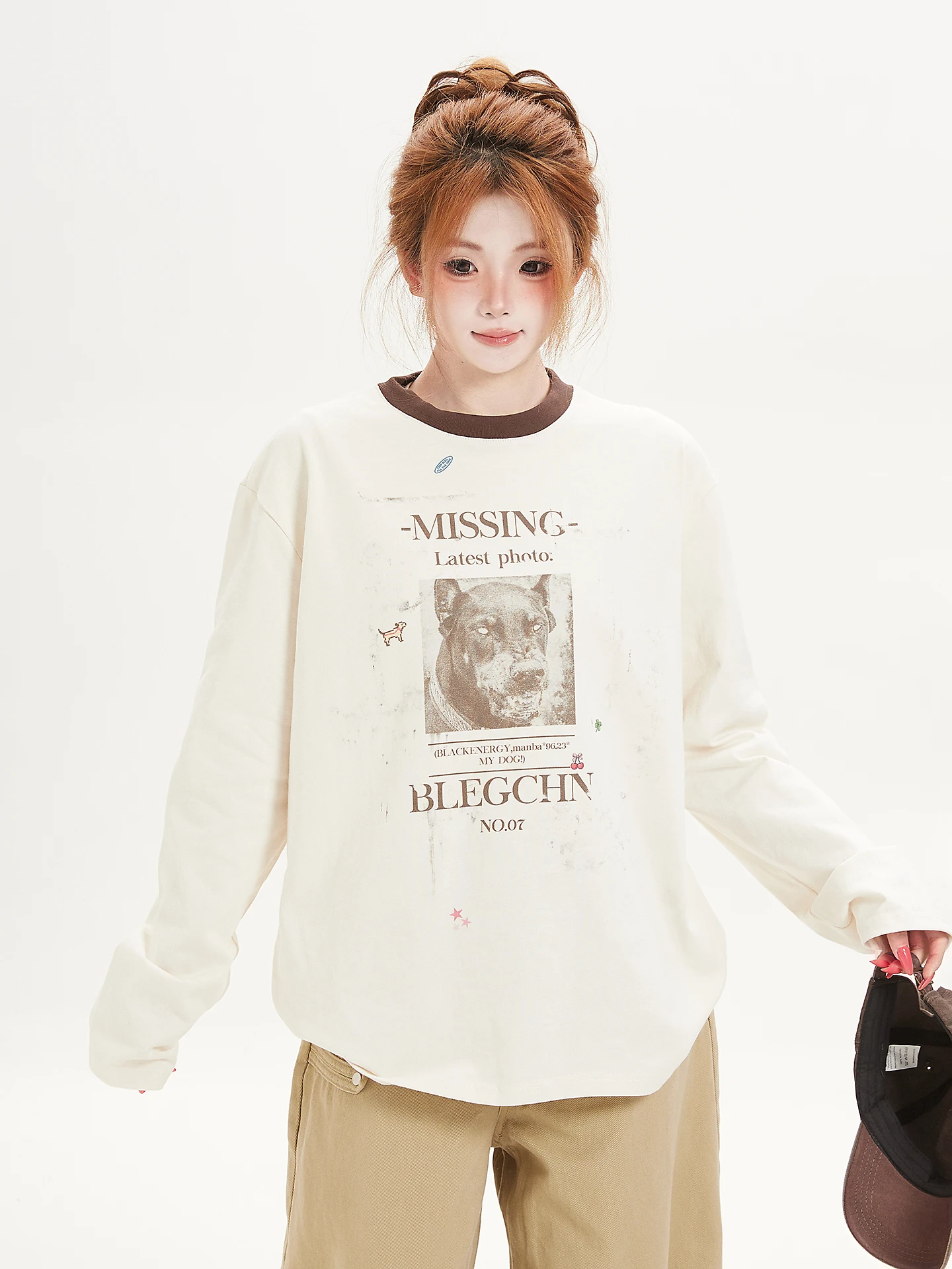 Ant American Retro Cherry Blossom Long Sleeve T-Shirt Women Loose BF Style Casual round Neck Top Trendy Cotton Autumn Wear