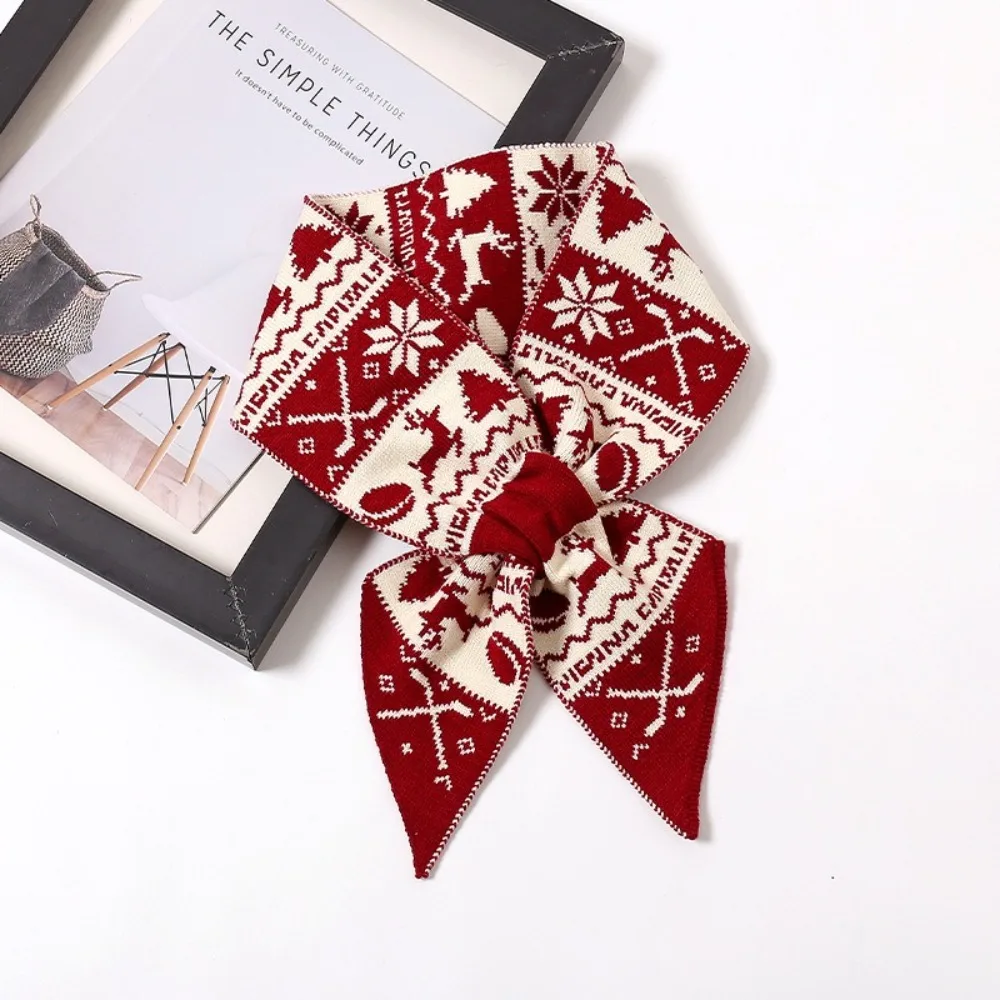 Casual Deer Winter Knitted Scarves Jacquard Bow Tie Women Scarf Korean Style Crochet Woolen Neckerchiefs Female