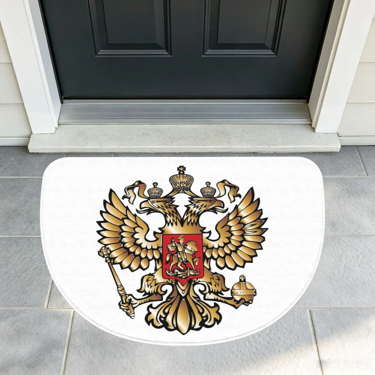 Coat Of Arms Of Russia Russian Flag Soft Flannel Half Round Doormat Non Slip Bathroom Mat Absorbent Floor Carpet for Living Room