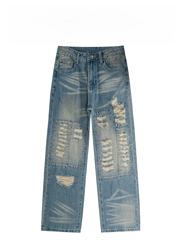 

BAIRBAOLIY Trendy Retro High Street Loose Fit Men's Straight Leg Jeans Distred Waed Denim Casual Straight Cut Jeans