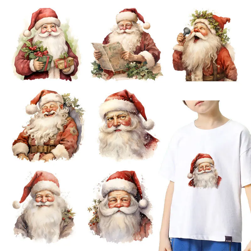 Kids Cartoon Santa Claus Iron On Heat Transfer Sticker For Clothes Pinted Vinyl Thermal Appliques Washable T-Shirt Decal