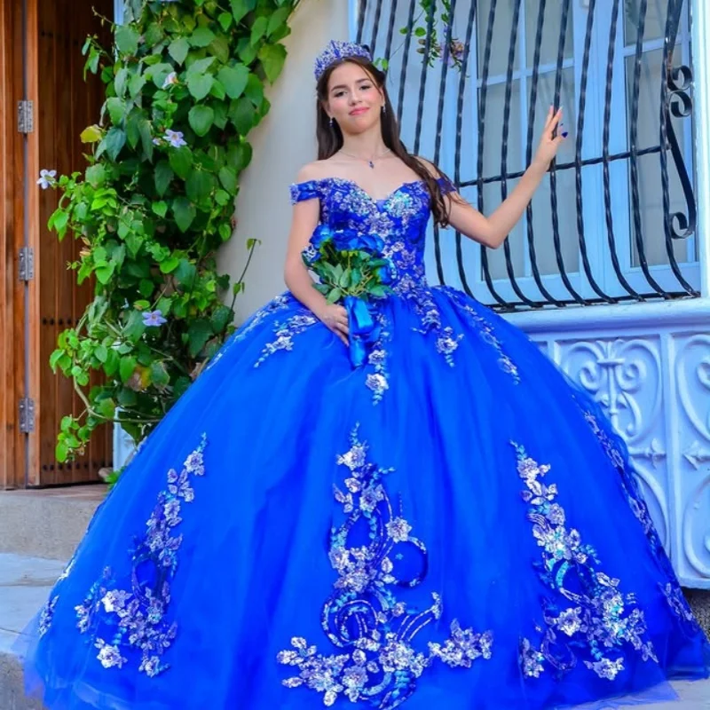 

Customized royal blue Quinceanera Dresses Off the Shoulder Sequin decal crystal flower Tull Long tail Vestido 15 Quinceanera