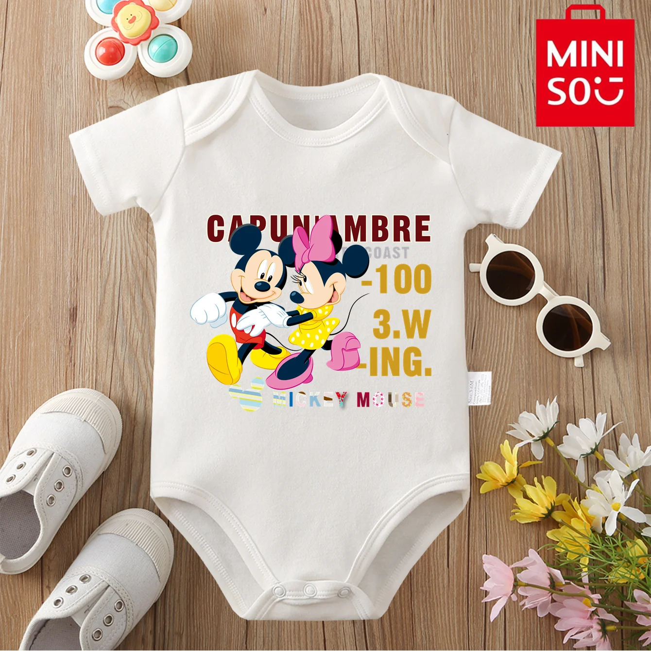 

100% Cotton MINISO&Disney Jointly Signed Baby Clothe Mickey Mouse Onesie Bodysuit Cute Cartoon Print for 0 To 12 Months Newborn