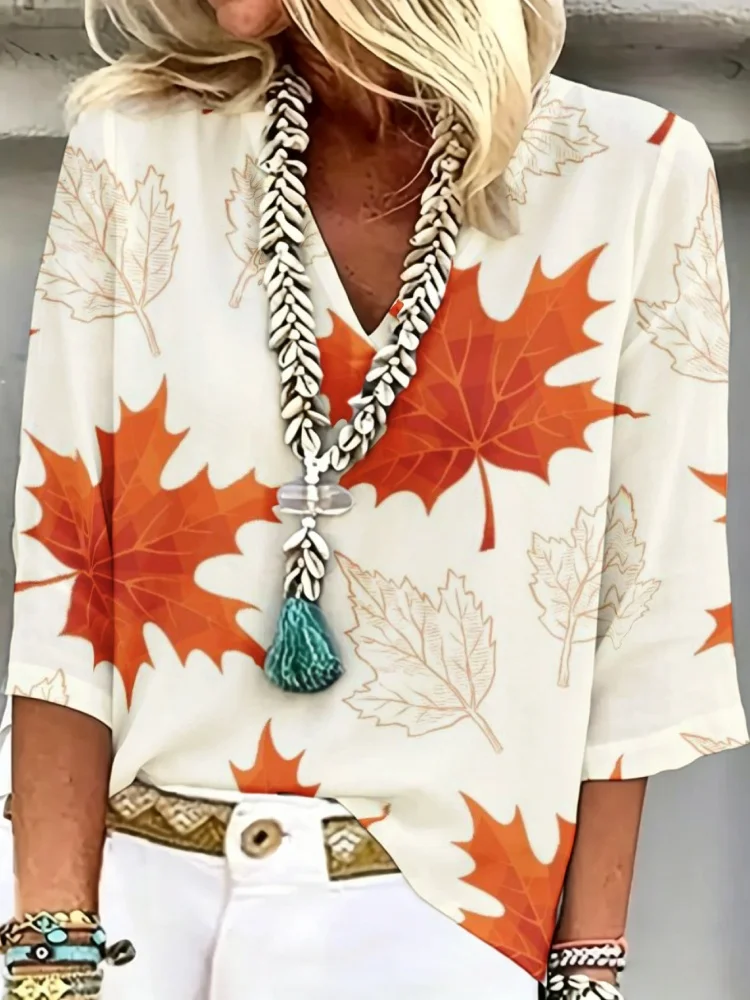 

2026 New Plus Size Autumn Maple Leaf Print Tunic Top, Women's V-Neck 3/4 Sleeve Casual Blouse, Lightweight Loose Fit Tees