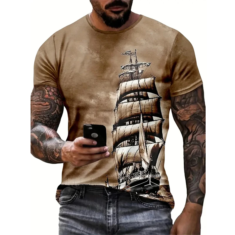 Men's T Shirt Tee Retro Boat 3D Print Vintage Style Man Cool Crew Neck Clothing Apparel Daily Holiday Vacation Short Sleeve Tops