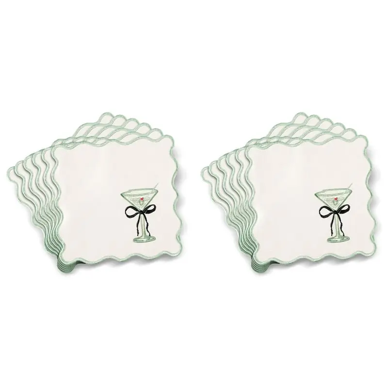 75STO-12Pc Cocktail Napkins Cloth Scalloped Embroidery A Bit Older Party Supplies 6 Inchx6 Inch Washable Polyester Satin Cloth