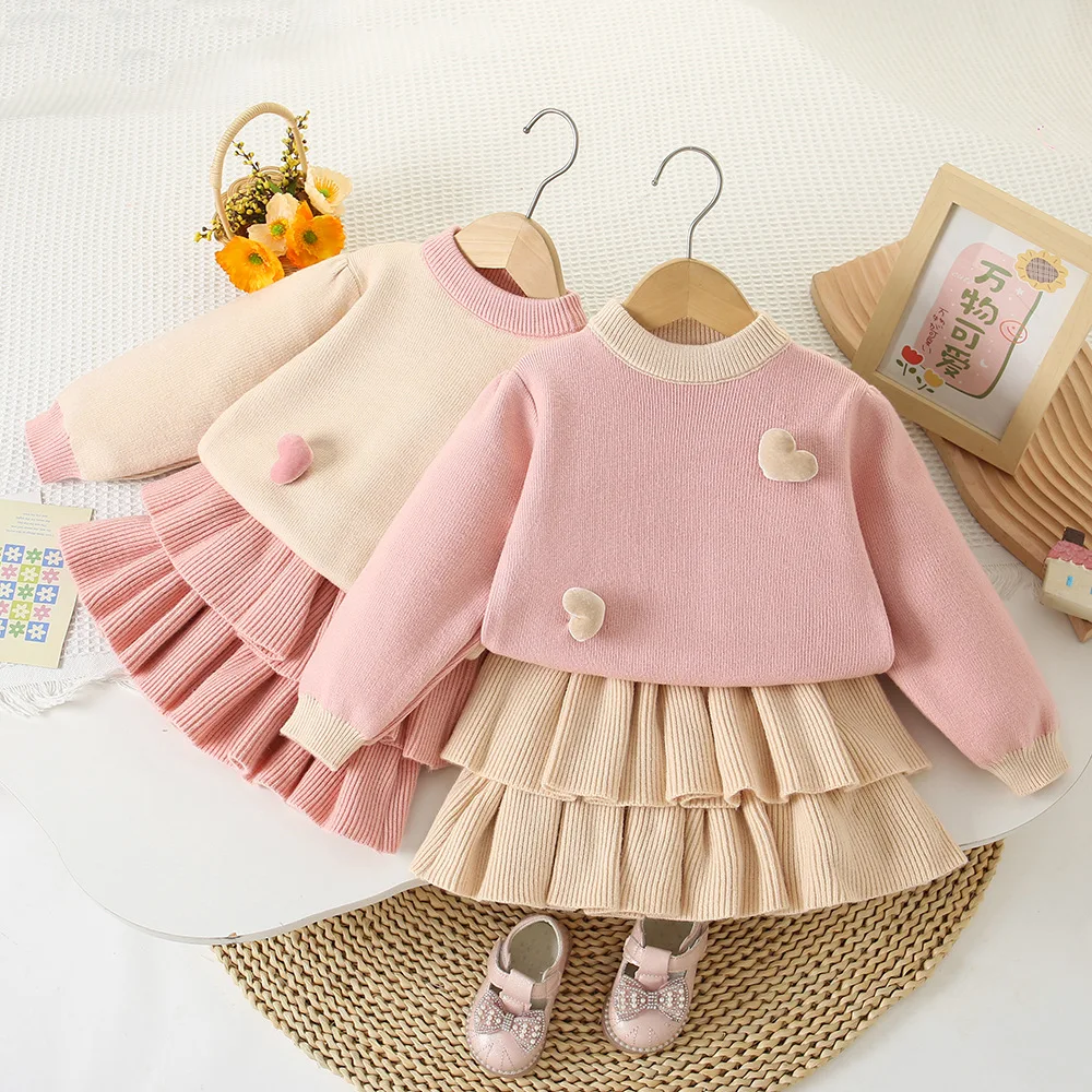 2-7Y Girls Clothing Set Prom Heart Sweaters Pleated Skirt 2PCS  Girls Knit Suit Knit Pullover