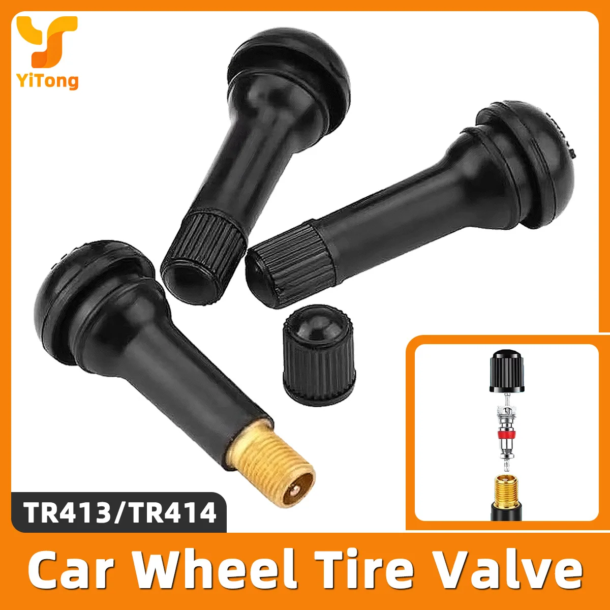 Yitong TR413/414 Tire Valve Stems Snap-In Rubber Tubeless Wheel Valves With Dust Caps Automotive Parts Kit For Car Motorcycle