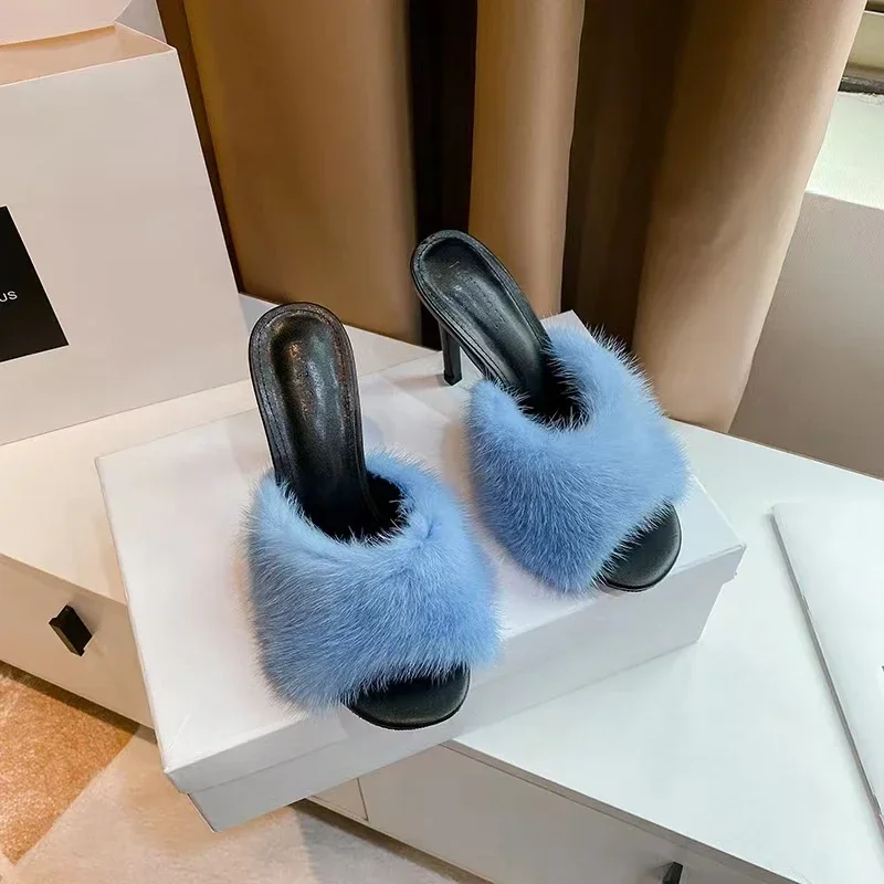 2024 New Slim Heels Outward Wearing Open Toe Sandals for Women with Mink Hair Sexy One Half Pillow High Heel Sandals