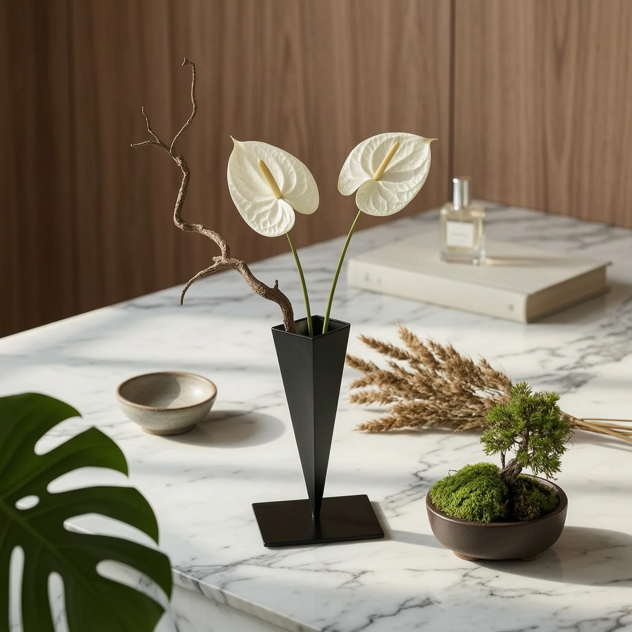Iron Vase with Square Base Tall Triangular Vase Flower Holder Tapered Vessel Modern for Minimalists, Living Room, Entryway