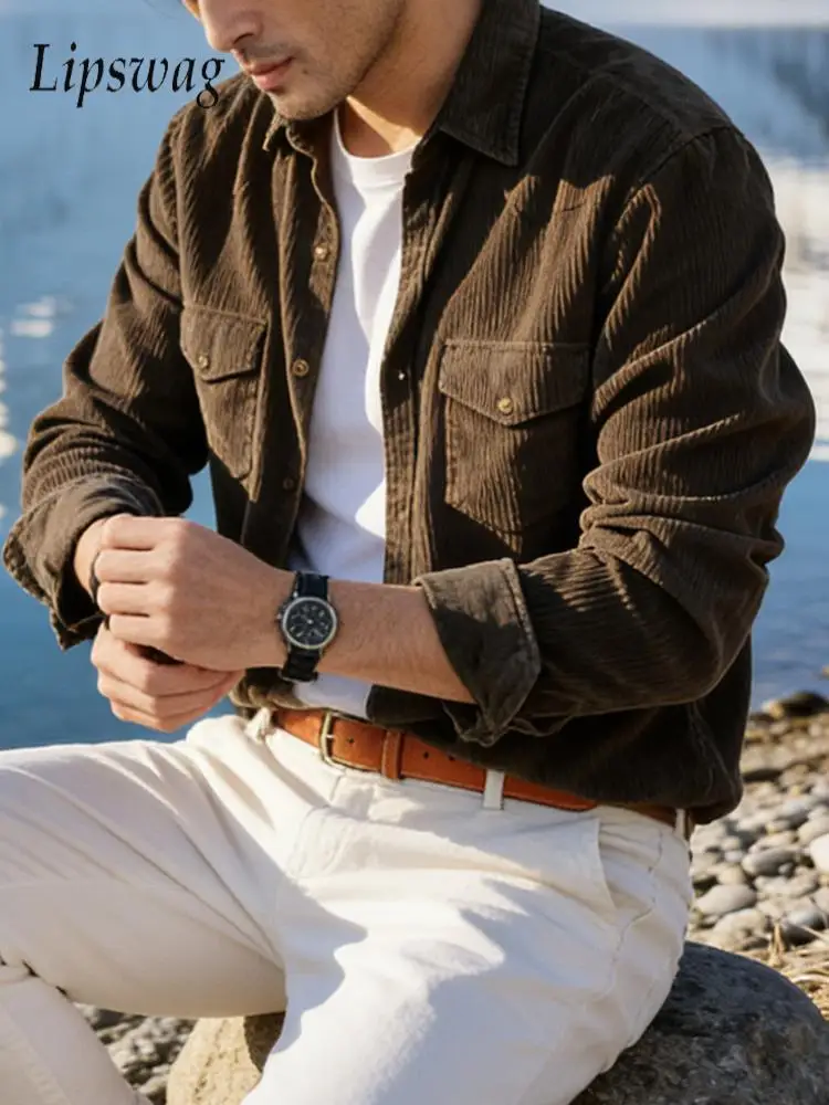 

Streetwear Vintage Mens Cargo Jacket Coat 2026 Spring Fall Trendy Solid Color Corduroy Shirt Jackets Men Casual Texture Cardigan