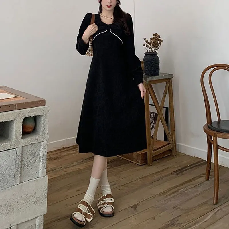 Corduroy Stylish Bow Beading Dresses Female Clothing French Style A-Line Waist Autumn Winter Vintage Elegant V-Neck Midi Dress