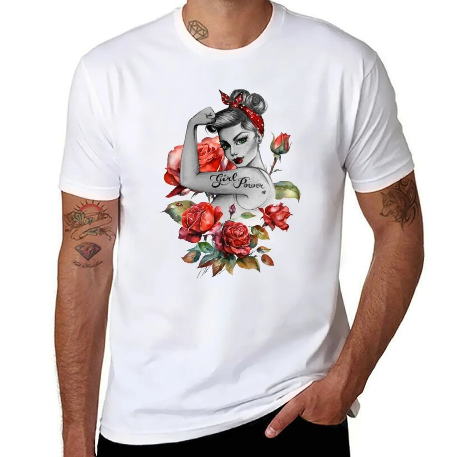 

Red Roses and Ladybug Girl Power by Anne Cha Modern Rosie the Riveter T-Shirt t shirt for man 100 percent cotton T-Shirt