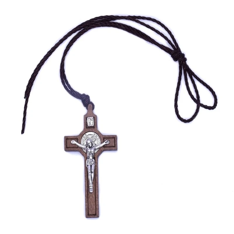 Retro Jesus Cross Necklace Wood Metal Pendant Orthodox Praying Chain Jewelry Catholic Religious Christian Crucifix Gift for Men