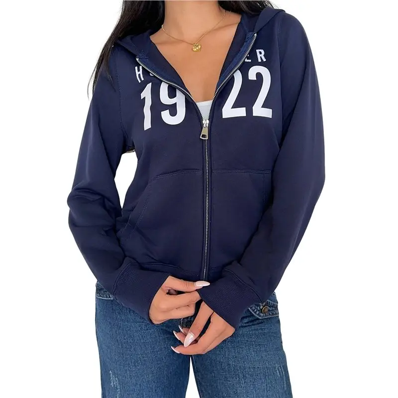 

CYL-Женская толстовка с капюшоном и длинными рукавами Y2K, куртка на молнии, повседневная толстовка в консервативном стиле с карманами, темно-синяя M