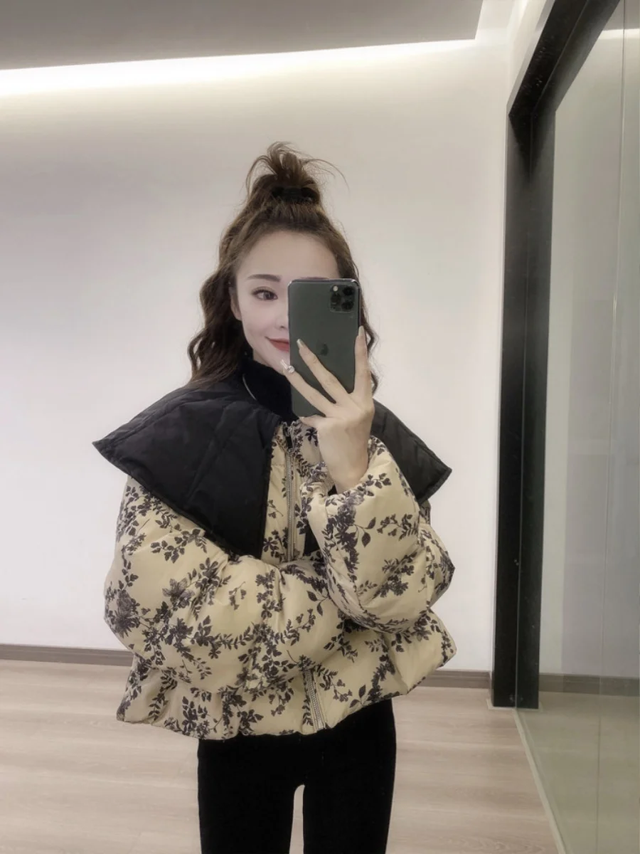 

Autumn Winter Floral Print Cotton Jaet Unique Splicing Doll Collar Women's Outerwear Korean Sle Zipper Closure Loose Fit