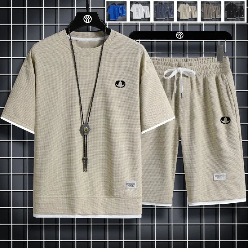 

Men's sports suit fashionable short sleeved sportswear men's suit summer men's two-piece set linen fabric casual T-shirt