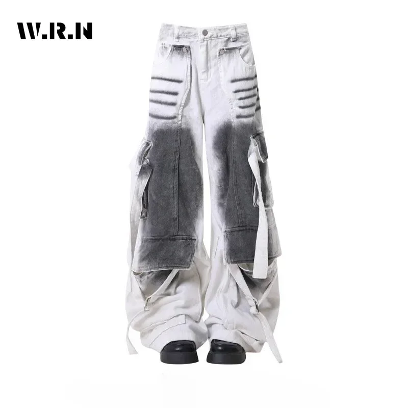 Women Y2K Grunge High Street Denim Trouser Washed Vintage Casual Classic Emo Pants Retro Lace-up Tie Dye High Waist Trashy Jeans