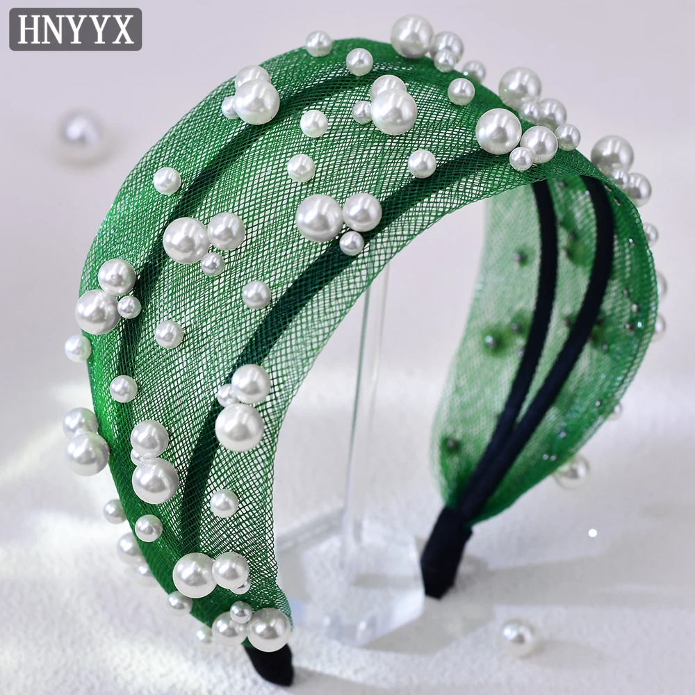 

HNYYX Pearl Headband Green Baroque Headdress Wide Mesh Party Headwear Fashion Jewelry for Women Wedding Hair Hoop A106