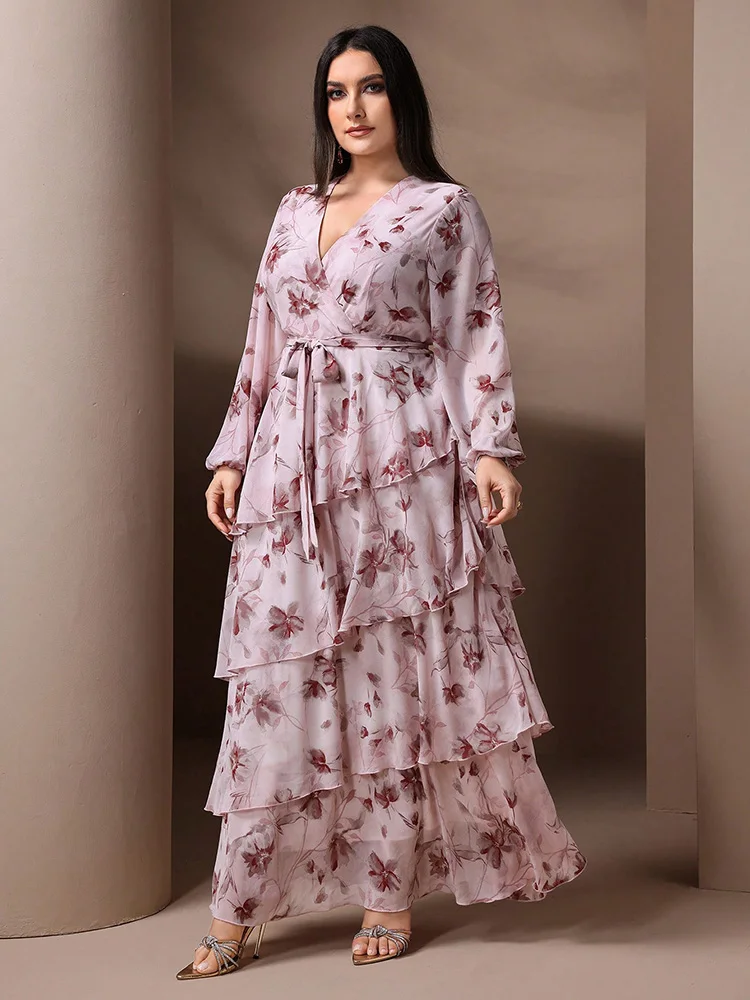 TOLEEN 2024 New Women Casual Elegant Formal Maxi Dresses Plus Size V-Neck Wrapover Floral Print Belted Layered Long Sleeve Dress