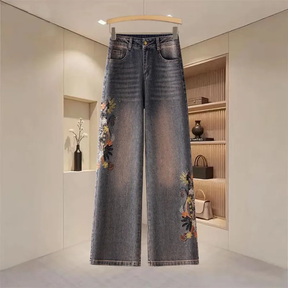 

Осенние джинсы с вышивкой, прямого кроя, женские, модные, из денима, с высокой талией, широкие штанины, повседневные брюки