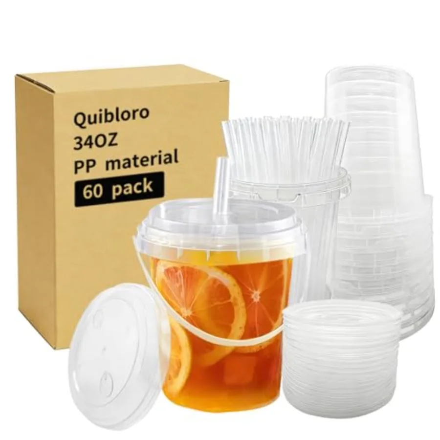 

34oz 60pack Drink Buckets with Lids and Straws, Reusable Plastic Bucket Cups for Coffee and Boozy Drinks, Handheld Beverage Buc