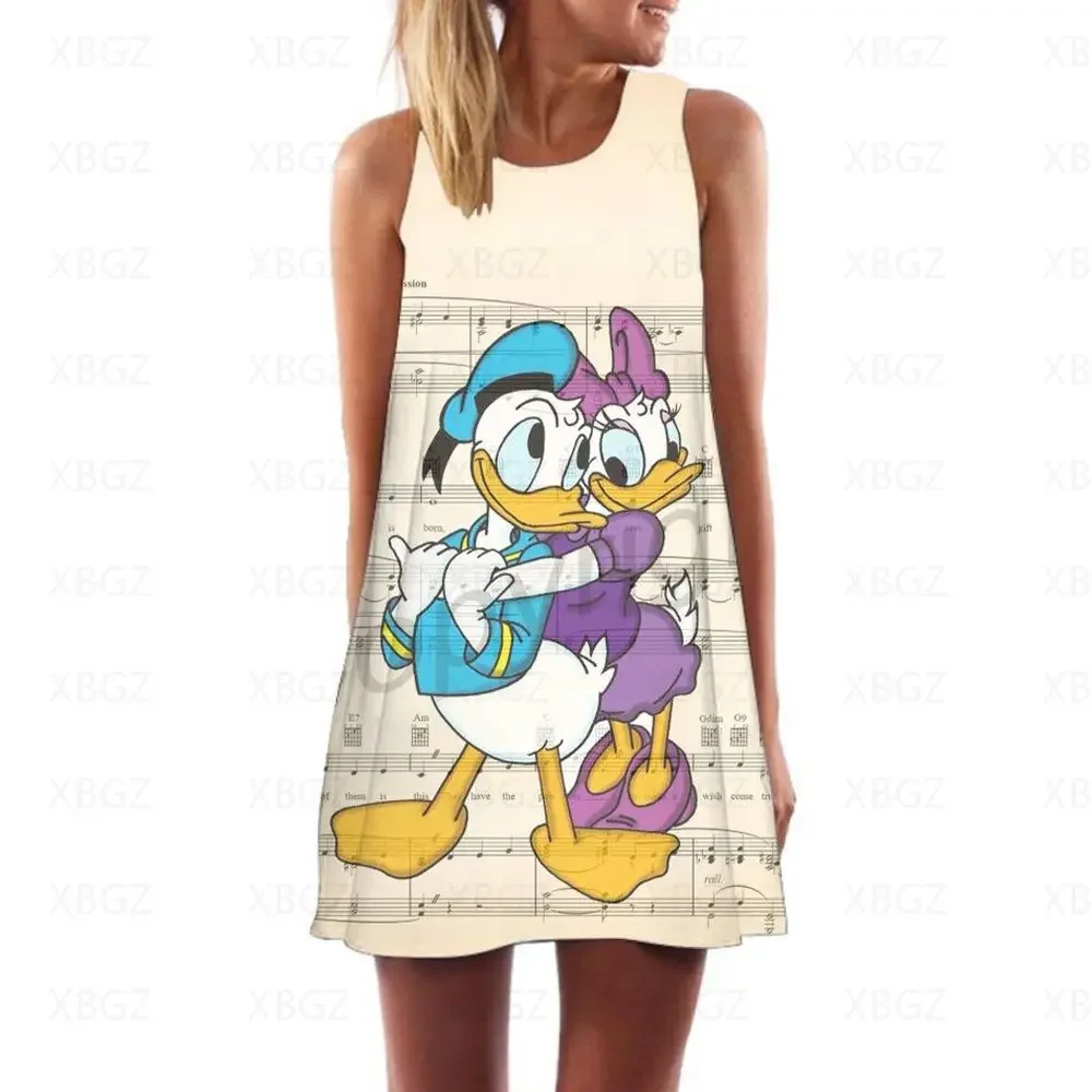 Mini Dress Women\'s Disney Summer Dresses Woman 2022 Cartoon Sundresses Sleeveless Beach Cool Party Fashion Donald Duck Boho Sexy