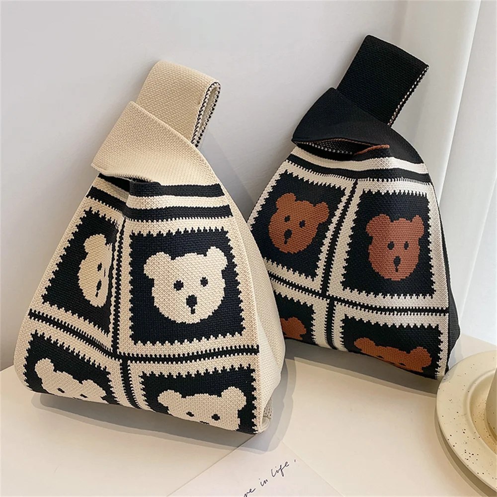 

Women's Shoulder Bags Bear Pattern Fashion Knitted Cute Anime Female Large Capacity Reusable Handbag Casual Shopping Totes