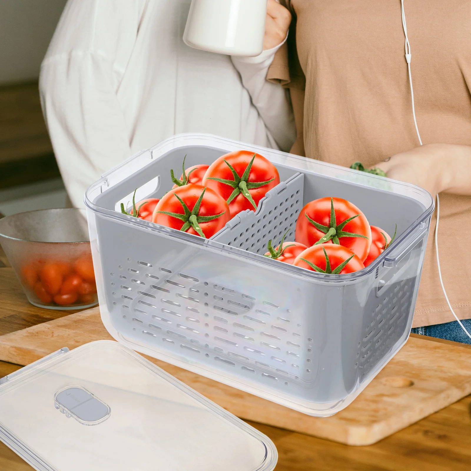 

Drain Bins Fridge Storage Organizer Double Layer Produce Basket Fruit Vegetable Container Lettuce Crisper Pantry Box Strawberry