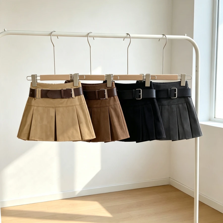 Teen Girls Pleated Mini Skirt with Double Buckle Belt High Waist A-Line Short Skort Kids Preppy Style School Dance Party Bottoms
