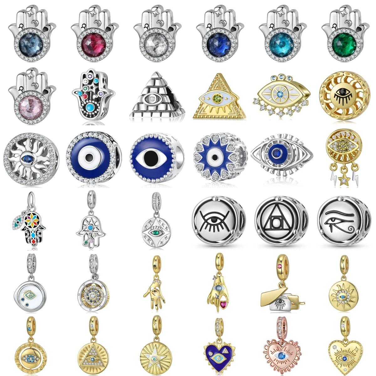 

stillhouse 925 Sterling Silver Devil's Eye Fatima Palm Egyptian Pyramid Heart Pendant Charm Fit Original Bracelet Diy Jewelry