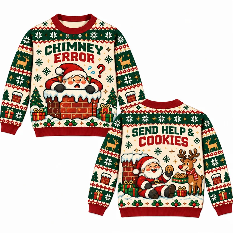 Ugly Christmas Sweater Men Santa Chimney Error Gone Fishing Funny Santa Print Crewneck Long Sleeve Holiday Party Pullover